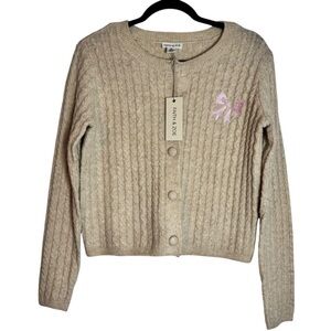 NWT Faith & Zoe Beige and Pink Bow Button Up Small Cable Knit Cardigan